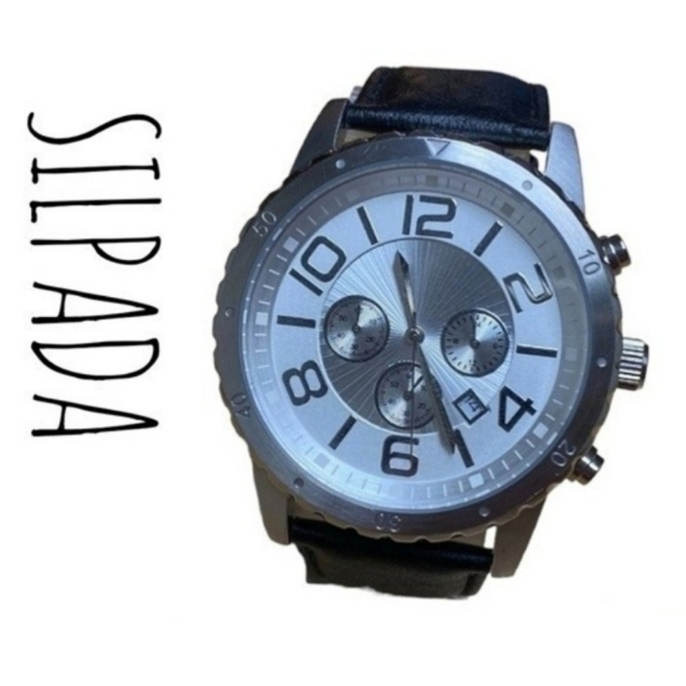 SILPADA Chronograph Black Leather Silver Case Bezel Vintage Unisex